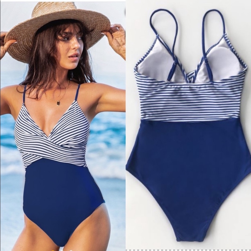 NWT Blue & White Stripe V Neck adjustable straps One Piece Swimsuit Size Medium